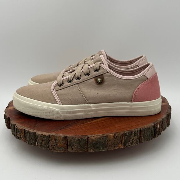 Taos Super Soul Canvas Sneakers Sz 8 Tan Pink Preppy Coastal Minimalist Comfort - Picture 1 of 10